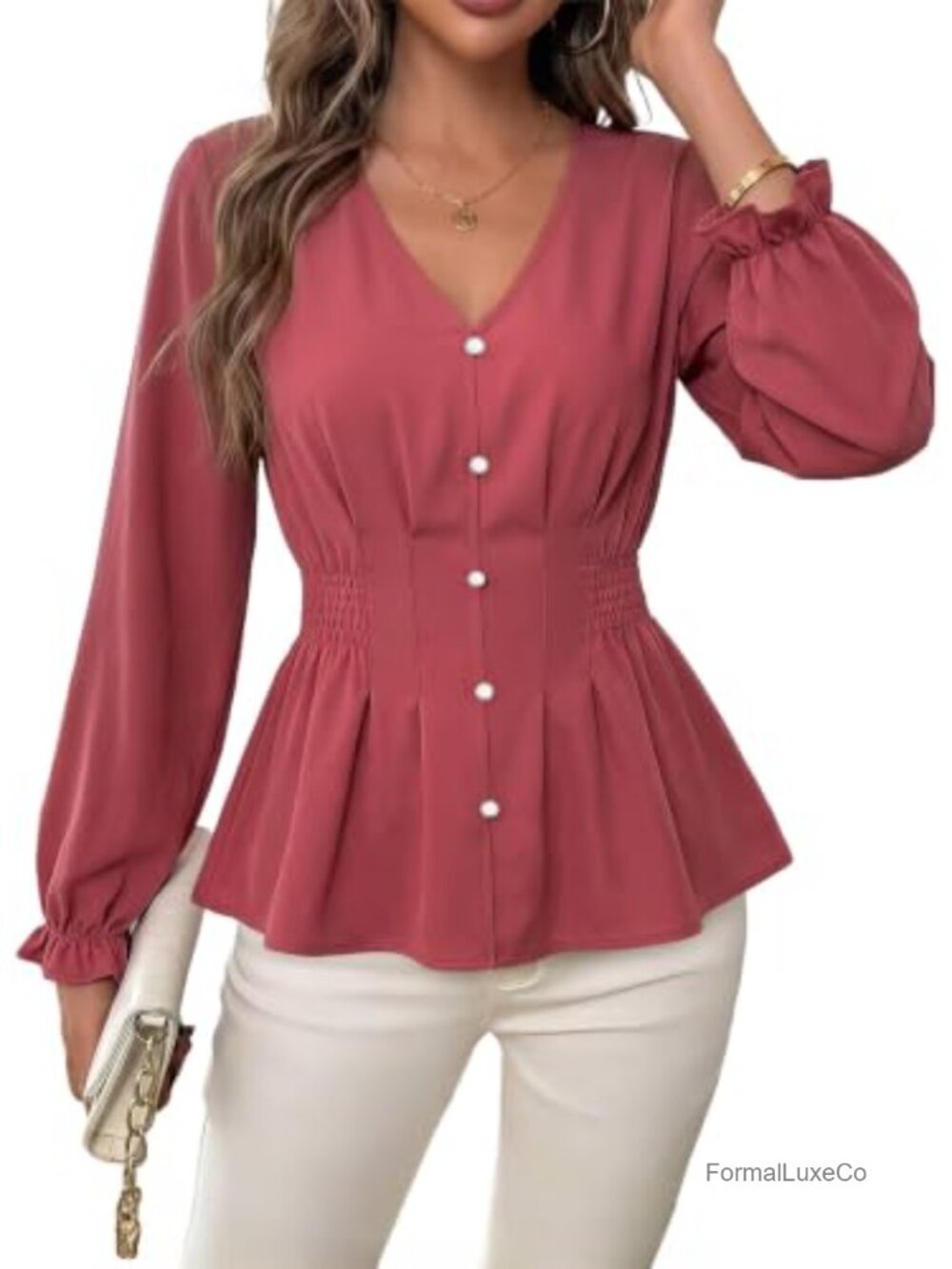 Peplum Blouse V-Neck Pearl Button Smocked Waist Long Balloon Sleeve Ruffle Cuff